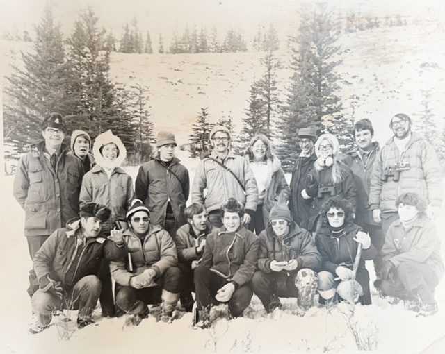 NAIT Biological Sciences on a field trip in Jasper National Park. Back Left – Norm Young, Jasper Park Warden. Front: Ray Frey, Perry Jacobson, Duane West and fellow classmates in the Resource Management group.