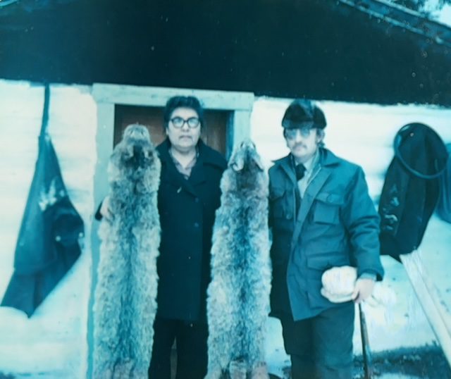 Mrs. Ben Houle showing off Lynx pelts after tea and a visit to their trapline in the park.
Circa 1978.
