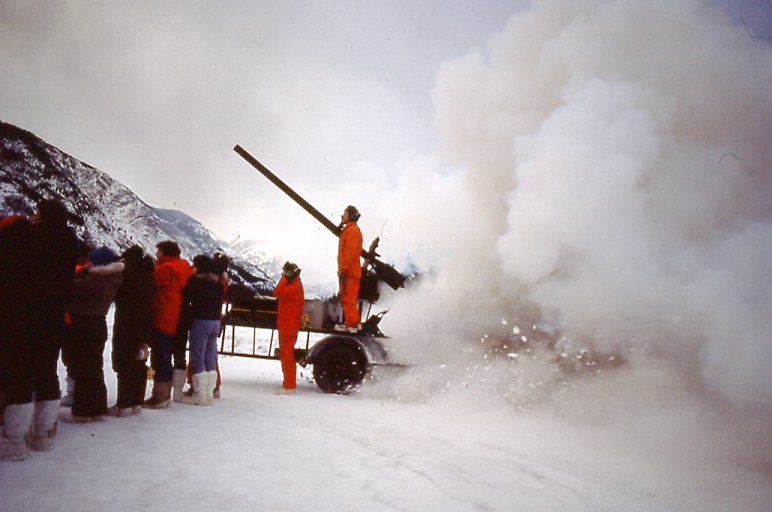 Avalanche control in the mid 1980s along the Icefields Parkway with the 105mm howitzer.