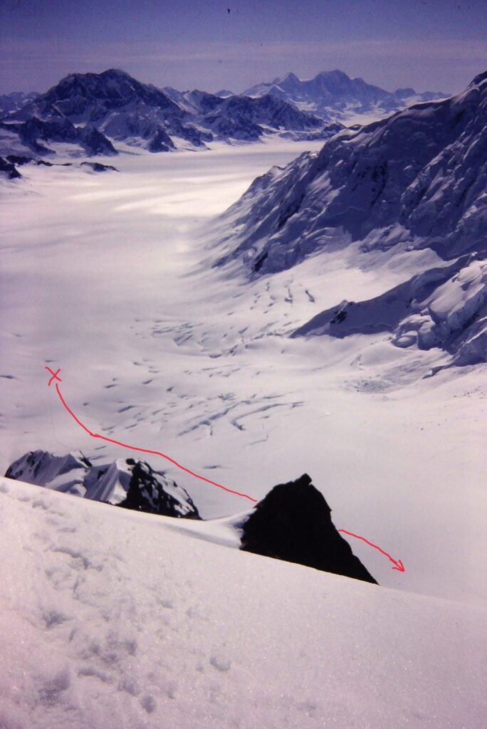 Approach to East ridge of Mt. Logan. This is the route from Base Camp to the cirque that the helicopter taxied up to in the fog to pick up Peter and Tim.